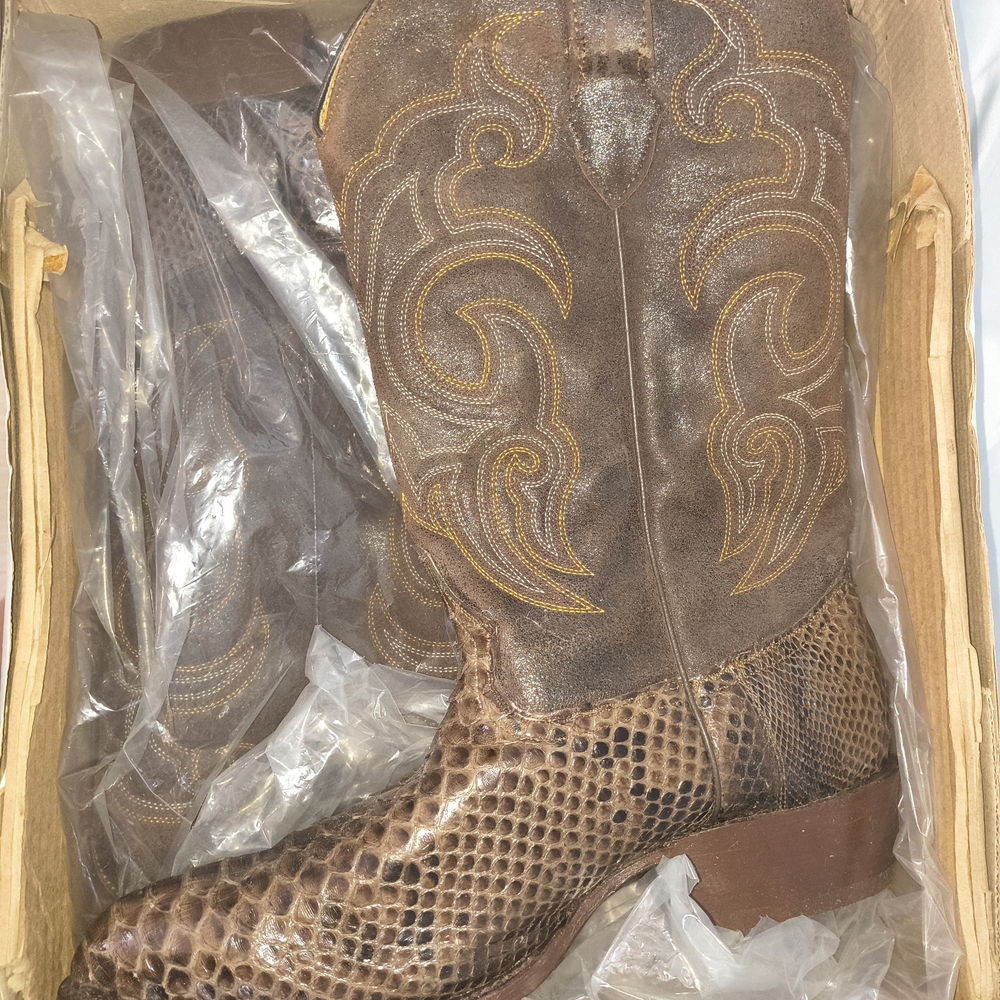 Brown Embossed Snake-Print Western Boots